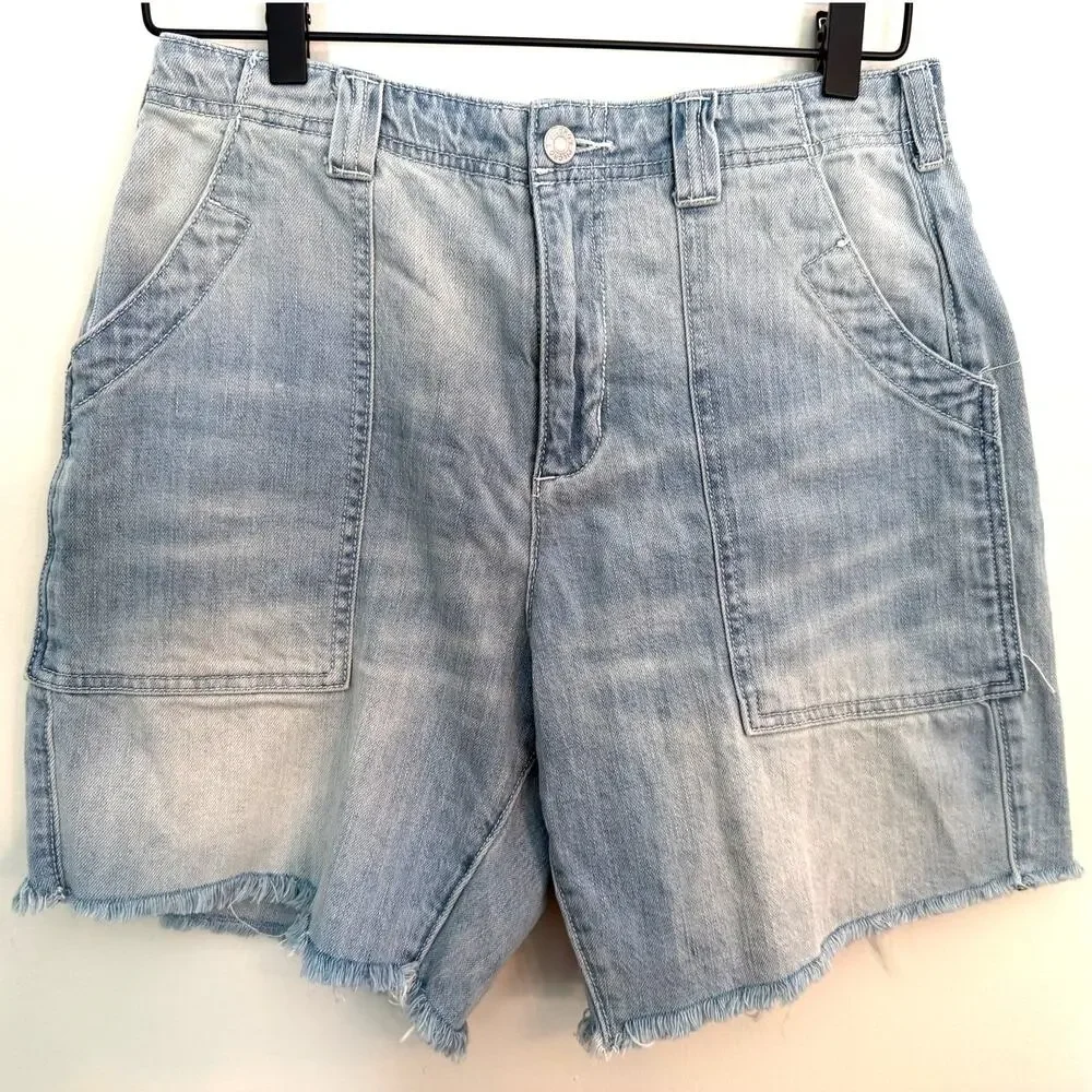 PILCRO Super High Rise Denim Bermuda Shorts Raw Hem Patch Pockets Jorts Size 26